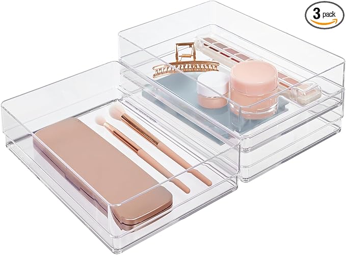 STORi SimpleSort 3-Piece Stackable Clear Drawer Organizer Set | 9" x 6" x 2" Rectangle Trays | Wide Makeup Vanity Storage Bins and Office Desk Drawer Dividers | Made in USA
