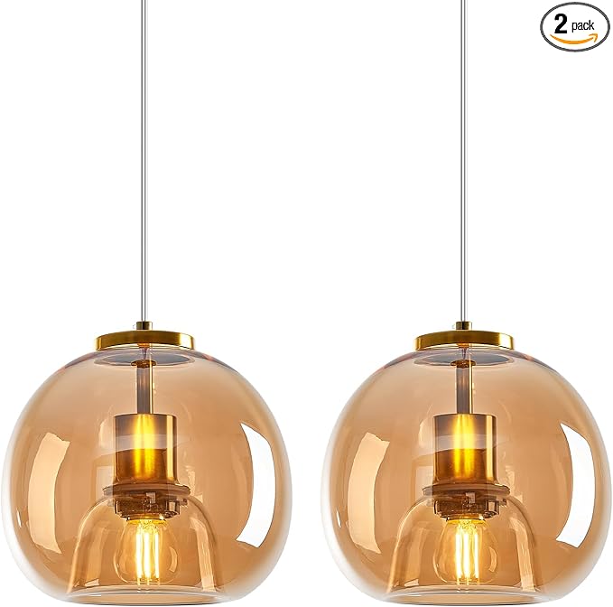 Amber Glass Pendant Lights Kitchen Island Gold Hanging Light Fixture Glass Globe Pendant Light Modern Pendant Lighting for Kitchen Island Bedroom Dining Room (7.87", 2 Pack)