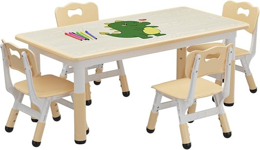 Kids Table and Chair Set, Height Adjustable Toddler Table and 4 Chairs Set for Ages 2-10, Graffiti Desktop, Non-Slip Legs, Arts & Crafts Table, Children Activity Table for Daycare Classroom Home