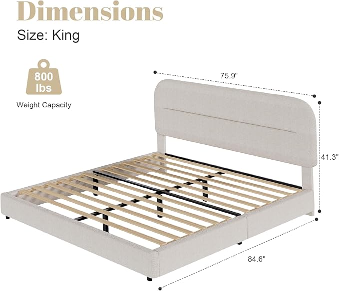 HOMBCK King Size Boucle Bed Frame, Upholstered Cloud Bed Frame with Headboard, Soft Platform Bed Frame with Thickened Footboard, Rounded Corners, No Box Spring Required, Easy Assembly, Beige