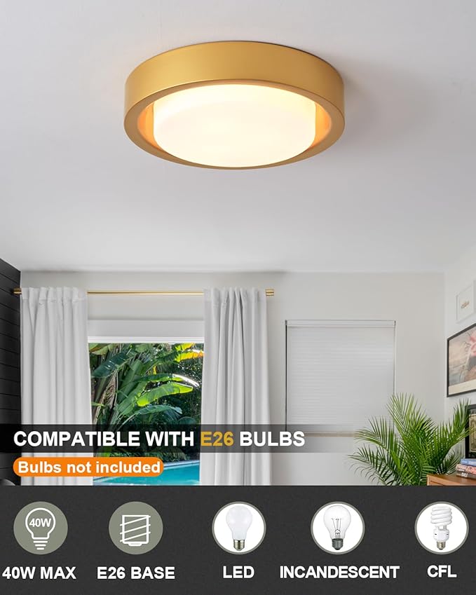 16 Inch Flush Mount Ceiling Light,3-Lights Gold Finish with Frosted Glass Shade,Round Ceiling Light Fixture for Bedroom Livingroom Kitchen