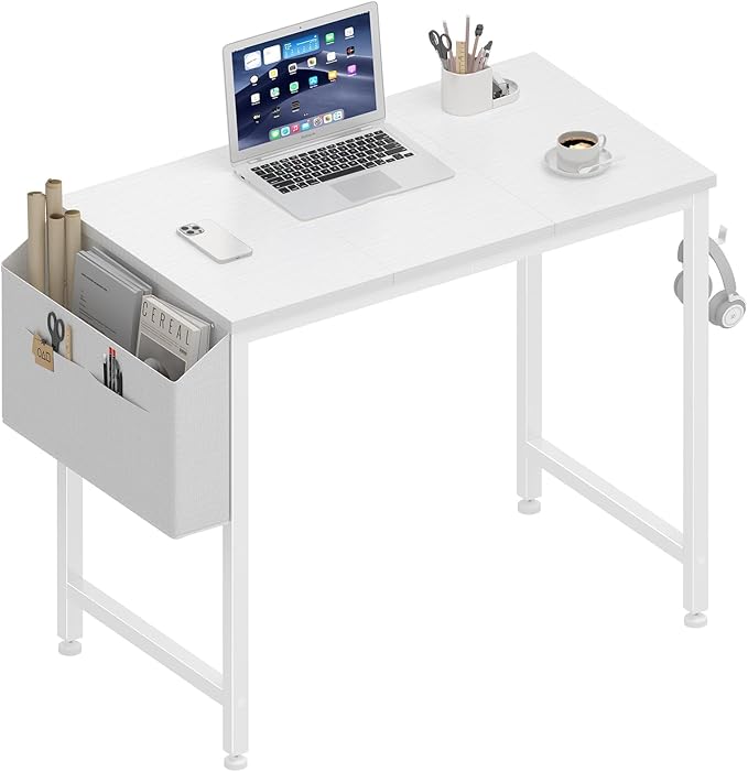 Lufeiya Small White Desk for Small Spaces, 32 Inch Kids Girls Study Writing Desks for Bedroom, Simple Modern Laptop PC Little Side Table with Storage Bag Headphone Hook, White