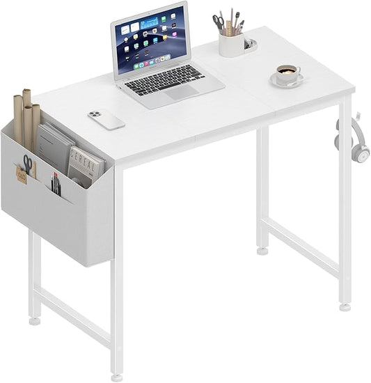 Lufeiya Small White Desk for Small Spaces, 32 Inch Kids Girls Study Writing Desks for Bedroom, Simple Modern Laptop PC Little Side Table with Storage Bag Headphone Hook, White