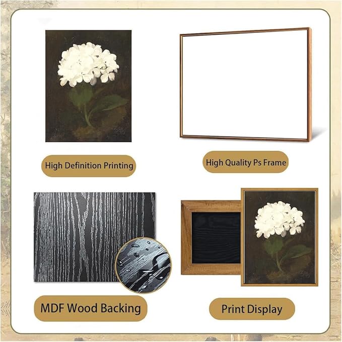 Djmwtb Vintage Framed Wall Art White Hydrangea Canvas Wall Art Prints Minimalist Floral Painting Flower Botanical Pictures Artwork for Living Room Bedroom Bathroom 12x16in