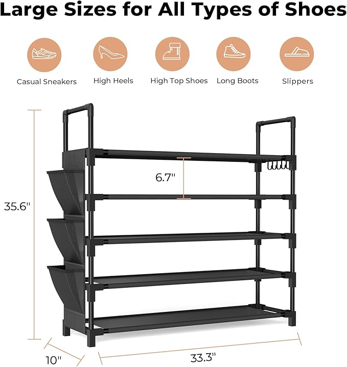 5 Tier Shoe Rack, Shoe Organizer Storage for 20-25 Pair Boot and Sneaker, Stackable Free Standing Shoe Shelf with Hooks and Side Pocket, Space Saving Shoes Rack for Closet, Entryway