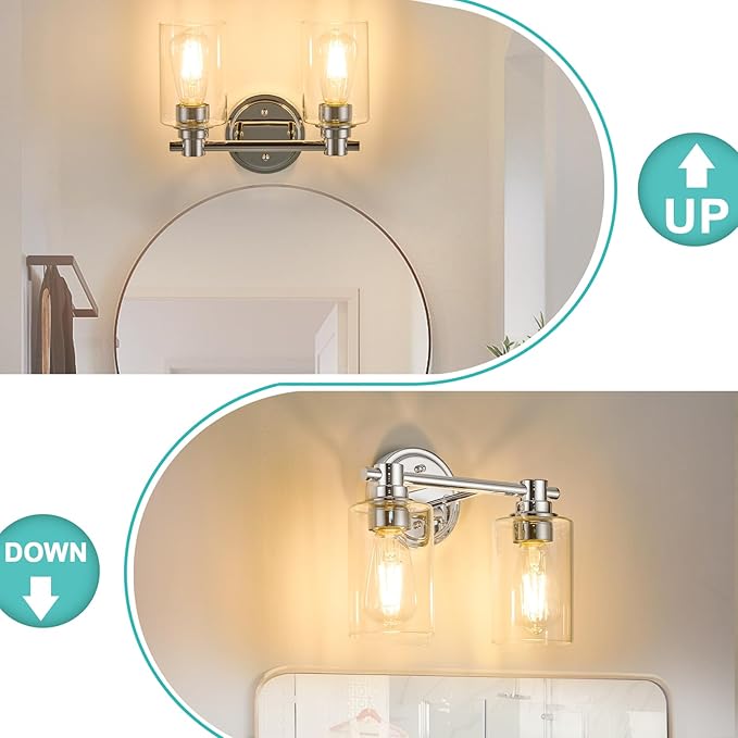Bathroom Light Fixtures Wall Sconce Light with Clear Glass Chrome 2 Lights Bathroom Lighting Over Mirror Vanity Lights for Living Room,Bedroom,Restroom,Hallway E26 Base