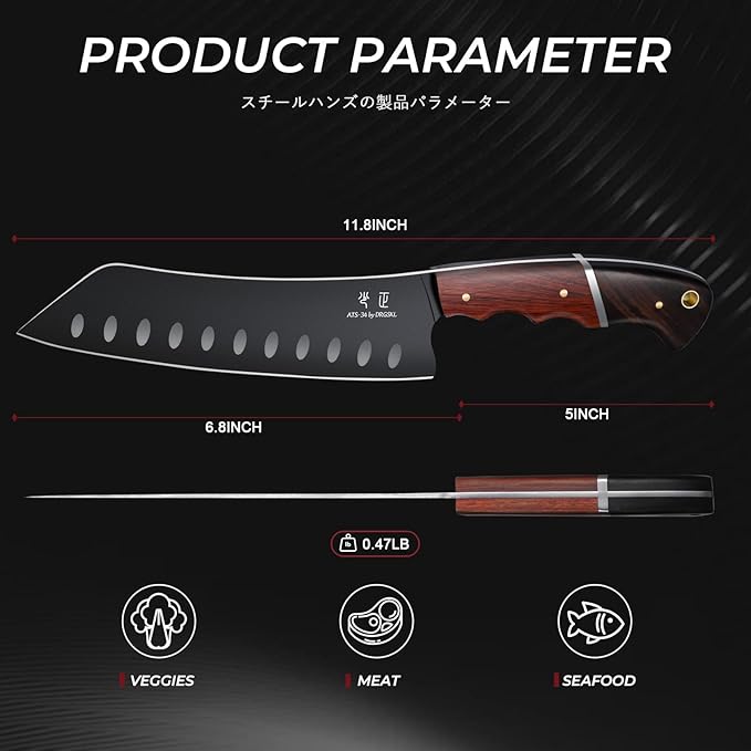 Santoku Knife 7 Inch - Japanese Chef Knife for Fish, Bunka Knife for Meat, Kiritsuke Knife for Vegetables, Black Slicing Knives with Full Tang Handle, Gift for Men Women