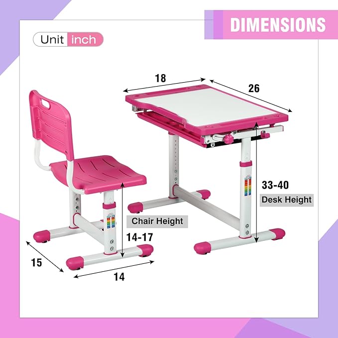 PayLessHere Kids Desk and Chair Set,Height Adjustable Study Desk for Kids with Pull Out Drawer Storage,Multi-function Study Desk and Chair for Writing, Reading and Drawing (Pink)