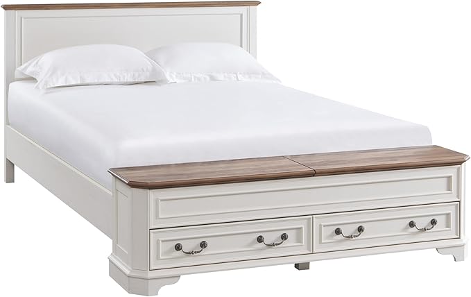 T4TREAM Farmhouse Queen Bed with Headboard and Storage Bench, Rustic Wood Platform Bed with 64" Storage Chest w/ 4 Large Drawer (Antique White)