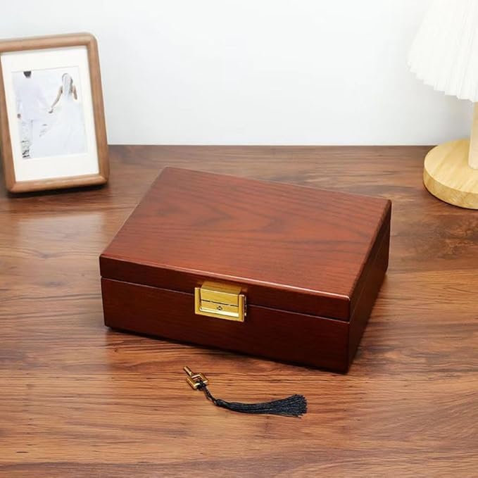 Bescott 2 Layer Solid Wooden Jewelry Box with Lock and Key for Women Men Vintage Velvet Wood Jewelry Organizer Storage for Earrings Rings Necklaces Bracelet Watch Mother’s Day Gift