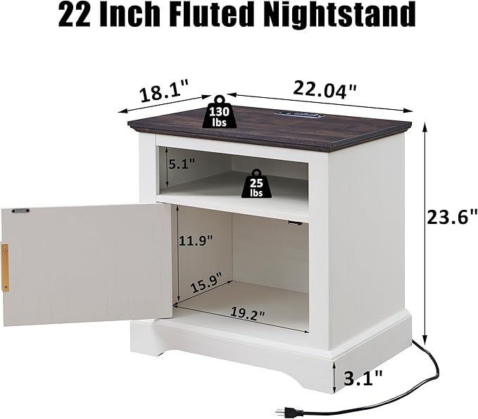 Fluted Nightstand with Charging Station, 22" Large Modern Side Table, Wood End Table w/Open Shelf & Spacious Tabletop, Bedside Table with Storage Space for Bedroom, Living Room (White)