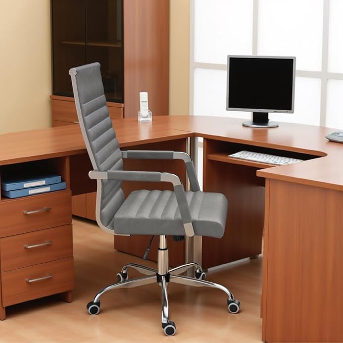 Furmax Ribbed Office Desk Chair Mid-Back PU Leather Executive Conference Task Chair Adjustable Swivel Chair with Arms (Bicolor Vintage Grey)