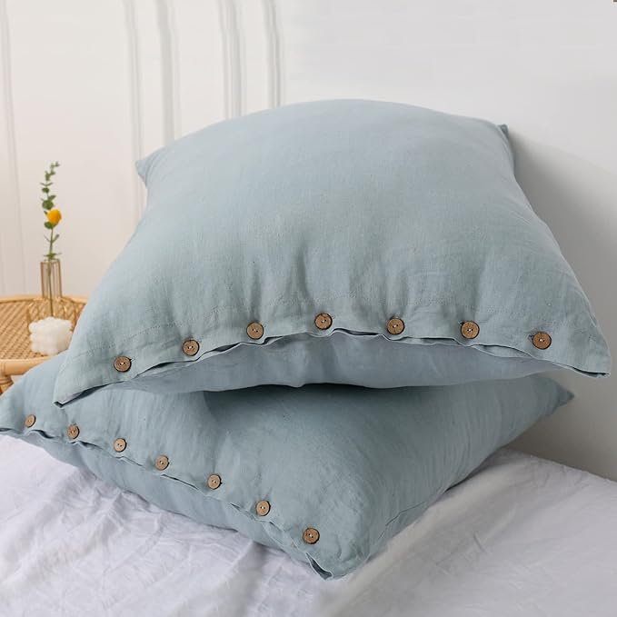 Simple&Opulence 100% Washed Linen Euro Sham Cover, 26 x 26 Inch, Decorative Bed Pillow Cover with Coconut Button, Solid Color Pillow Shams Set of 2 (Dusty Blue)