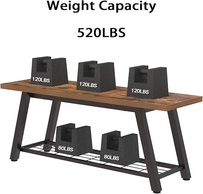 Storage Bench Industrial Rustic Wooden and Metal Entryway Shoe Boots Storage Rack Long Bench Seat for Hallway Bedroom Retro Brown Farmhouse Style