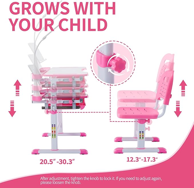 Diroan Kids Functional Desk and Chair Set, Ergonomic Height Adjustable Children School Study Desk with Tilt Desktop, Book Stand, LED Light, Metal Hook and Storage Drawer for Boys Girls(Pink)