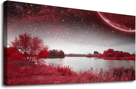 Print Artwork Wall Art Decor Poster For Living Room Red Tree Moon Starry Sky Red Landscape Painting Bathroom Wall Art For Bedroom Canvas Prints Picture Works Ready To Hang Office Home Decorations