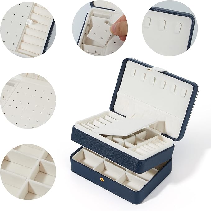 PU Leather Travel Jewelry Organizer Case for Women & Girls, 2-Layer Portable Jewelry Box for Earrings, Rings, Necklaces, Bracelets, Compact Jewelry Storage (Blue, Small)