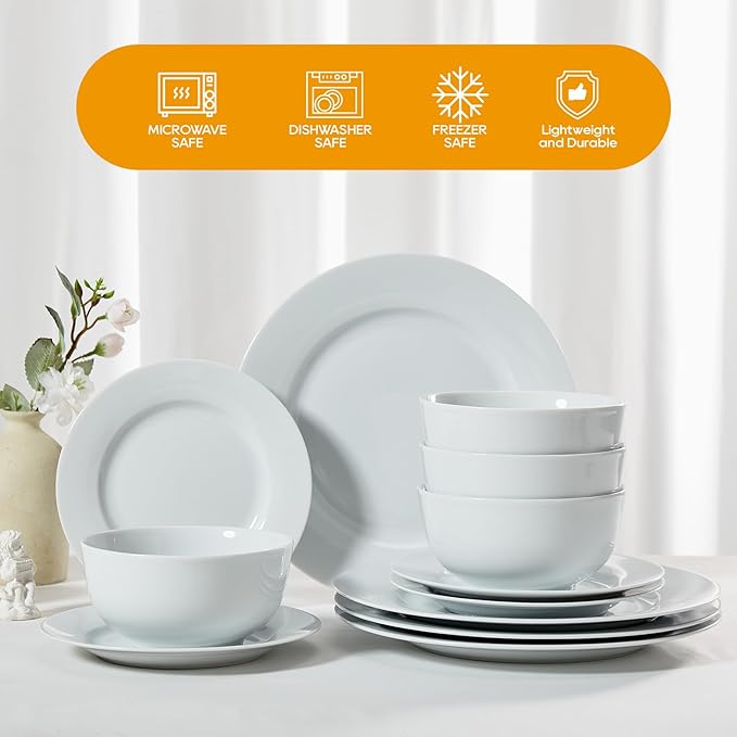 16 Pieces Plates and Bowls Sets, White Porcelain Dinnerware Sets, Ceramic Dishes Set Service for 4, White Kitchen Dinner Dining Ware Set