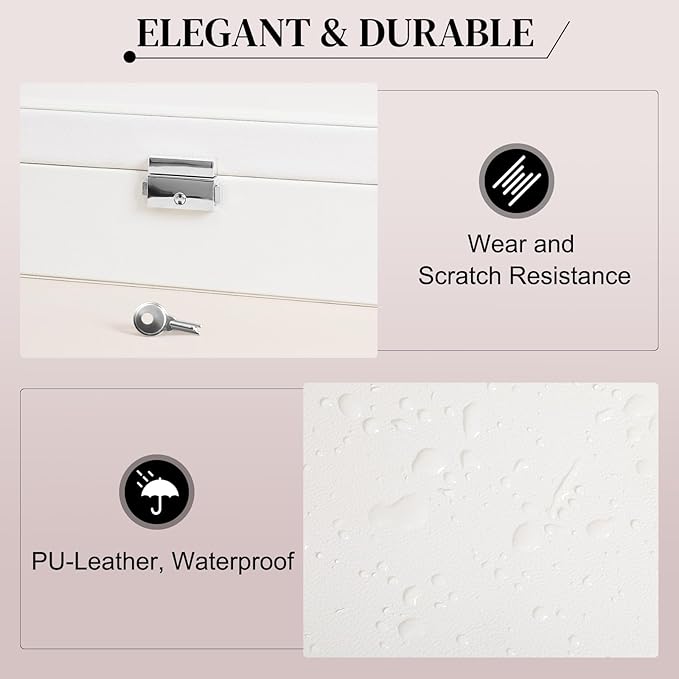 White Jewelry Box 2 Layer Jewelry Box 10.4 x 7.7 x 3.9 Inches Jewelry Organizer Tray for Earrings Bracelets Rings Watches (White)