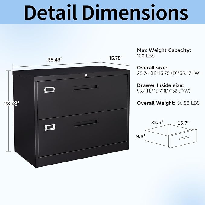 Lateral Filing Cabinet,2 Drawer File Cabinet with Lock,Office Lateral File Cabinets for Legal/Letter A4 Size,Require Assembly, Black