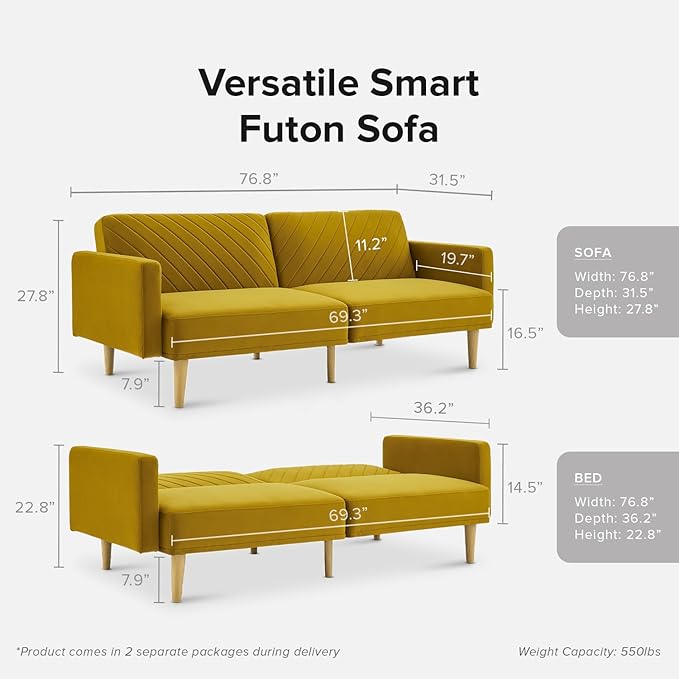 mopio 76.8" Futon Sofa Bed, Small Couch, Sleeper, Loveseat, Mid Century Modern Futon Couch, Sofa Cama, Couches for Living Room (Antique Gold Premium Velvet)