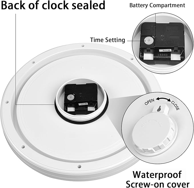 Caysie 11 Inch Sealed Indoor Outdoor Waterproof Wall Clock, Durable Silent Non-Ticking Battery Operated Quality Quartz Round Clock, Wall Decorative for Patio, Pool, Bathroom (White)