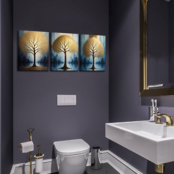 Arjun Tree Wall Art Gold Heart Shape Landscape Tree of Life Painting Teal Geometric Mountain Framed for Bathroom Living Room Bedroom Dinning Room Kitchen Home Office Wall Decor, 12"x16"x3 Panels