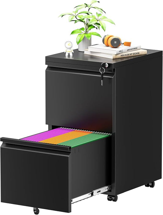 Greenvelly 2 Drawer Mobile File Cabinet with Lock, Metal Filing Cabinet on Wheels, Under Desk File Cabinet for Home Office Organizer Letter/Legal/A4 File (Assembly Required, Black)
