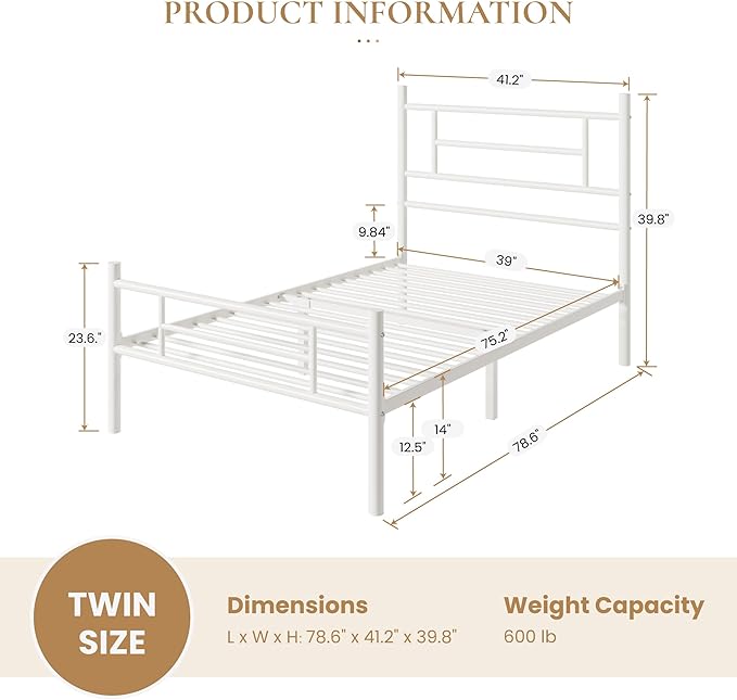 SHA CERLIN 14 Inch Twin Size Metal Bed Frame with Iron-Art Headboard and Footboard,Under Bed Storage Space,Platform Bed with Metal Slats Support,Easy Assembly,Noise Free,No Box Spring Needed,White