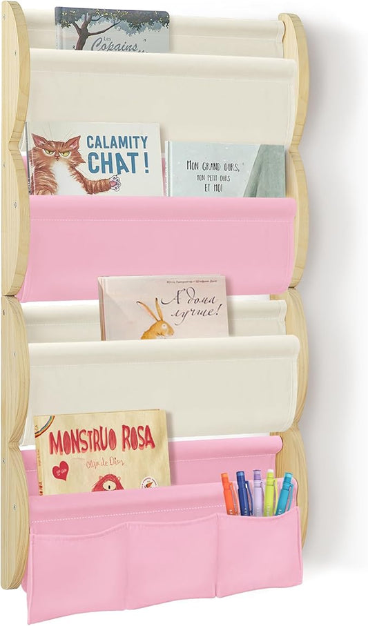 Wooden Wall Mounted Bookshelf for Kids Rooms, 4 Tier Floating Nursery Book Shelf, Kids Bookshelf with 2 Pockets, Toddler Sling Book Rack with Deep Sleeves (Pink)