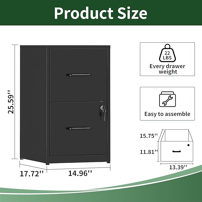 File Cabinet, Vertical File Cabinets with Lock for Home Office,Heavy Duty Office Steel Filing Cabinet for Hanging Letters/Legal/A4, Assembly Required (Black, 2 Drawers-Small)