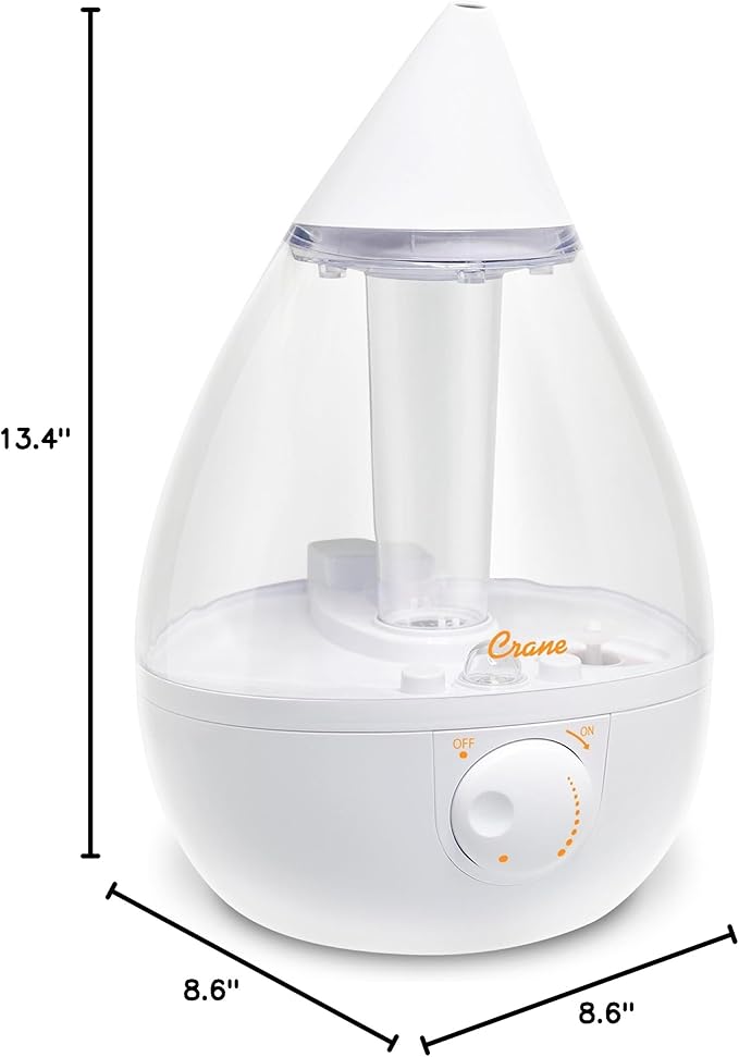 Crane White Teardrop Ultrasonic Cool Mist Humidifier, 1 Gallon Auto Shut-Off for Large Room, Baby Nursery, Bedroom Office, Clear & White