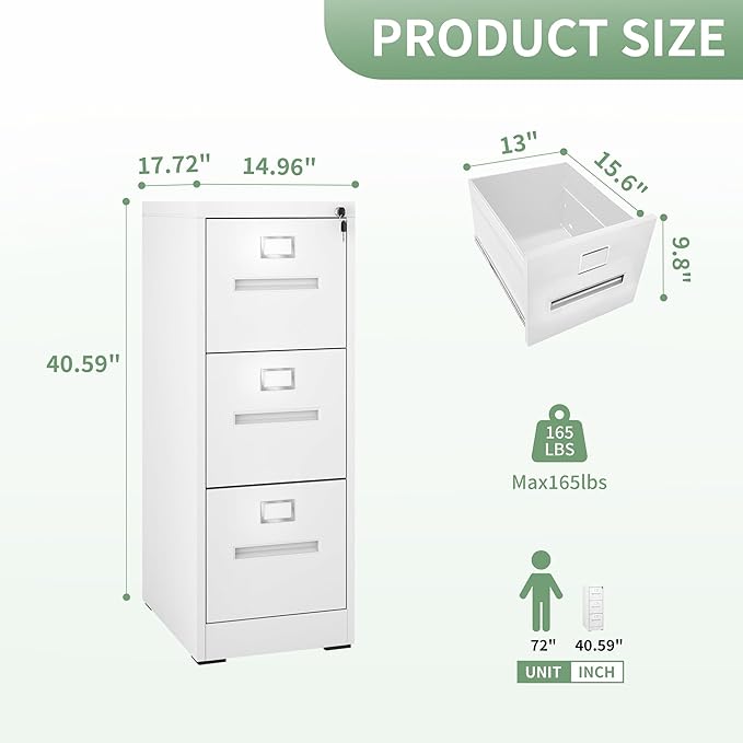 AQY 3 Drawer File Cabinet with Lock,Filing Cabinets for Home Office,Metal File Cabinet 18" Deep Vertical Storage Drawer for Hanging A4/F4/Letter/Legal Size Files, Assembly Require