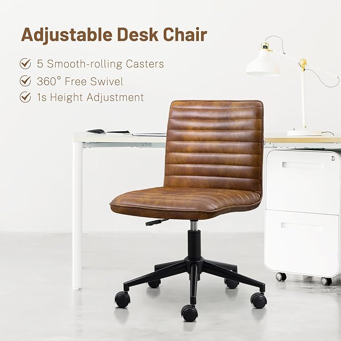 Furniliving Leather Office Chair with Wheels Armless Vanity Desk Chair 360° Swivel Computer Rolling Chair with Mid Back, Height Adjustable Accent Chairs with Gold Metal Base Stool, PU YellowBrown
