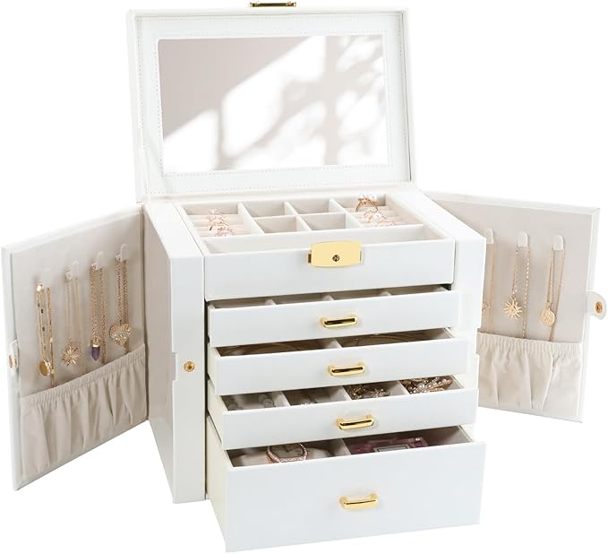 Jewelry Holder Organizer, Large Jewelry Boxes for Women, 5 Layers 4 Drawers Jewelry Box with Handle Jewelry Organizer for Earrings Rings Necklaces Bracelets, White