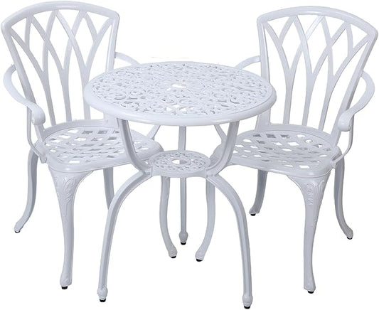 3-Piece Cast Aluminum Patio Bistro Set, Outdoor Rust-Resistant Furniture with 2 Chairs and Table (White)