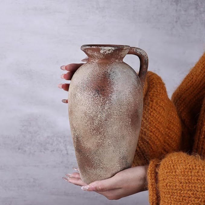 Rustic Farmhouse Ceramic Vase, 9.2" Tall Vintage Pottery Vases, Terracotta Decorative Boho Pampas Flower Vase, Suitable for Home Decor Living Room Entryway Table Bookshelf Mantle Shelf Decor