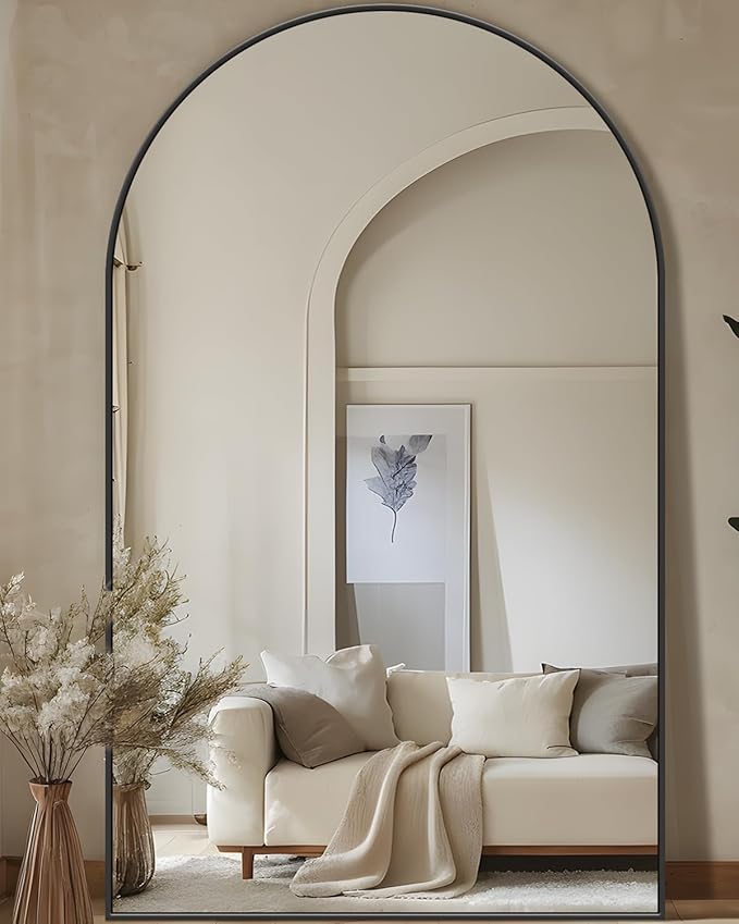 Full Length Mirror, 72"x44" Oversized Floor Mirror Freestanding, Full Body Mirror Floor Standing Mirrors with Stand, Hanging Mounted Mirrors for Bedroom Living Room, Black, Arched Style
