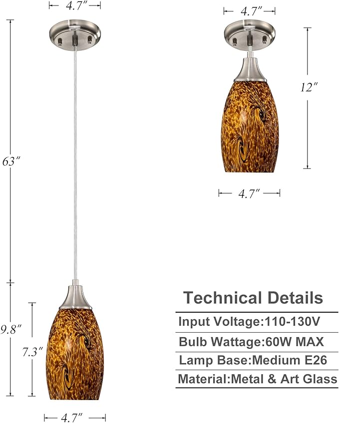 Mini Glass Pendant Lights for Kitchen Island1Pack Hand Blown Art Glass Pendant Light Shade with Brushed Nickel Finish Black and Yellow Swirl Glass Lamp Shade for Kitchen Over Sink Dining Room