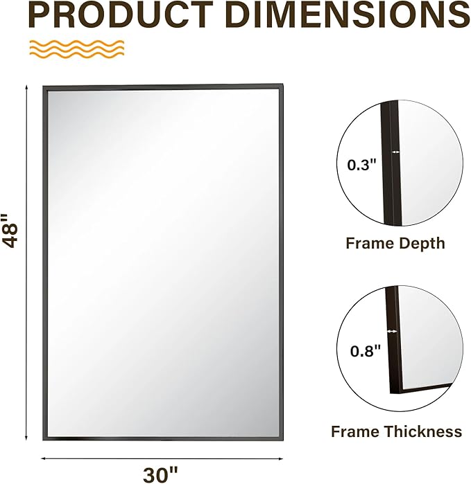 HARRITPURE 48"x30" Framed Bathroom Mirror for Wall Rectangle Mirror Aluminum Alloy Frame Wall-Mounted for Farmhouse Entryway Bedroom Living Room Black