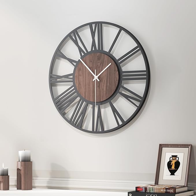 16 inch Wall Clock Battery Operated, Modern Wood Decorative Metal Wall Clock for Living Room, Non Ticking Silent Big Round Black Clocks, Bedroom, Kitchen, Farmhouse, Office Decor-Roman Numerals