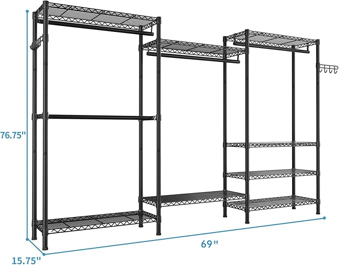 Heavy Duty Garment Rack Clothes Rack,Large Metal Closet Organizer System Storage Wardrobe,Freestanding Clothing Rack with 8 Adjustable Wire Shelves&4 Hang Rods,MaxLoad 800lbs