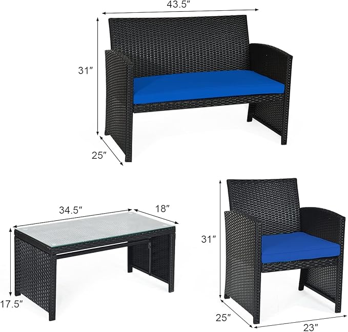 Tangkula 4 Pieces Patio Wicker Conversation Furniture Set, Patiojoy Sofa & Table Set w/4 Seats, Outdoor Rattan Sofa Set for Balcony Backyard, Wicker Chair Set with Tempered Glass Coffee Table