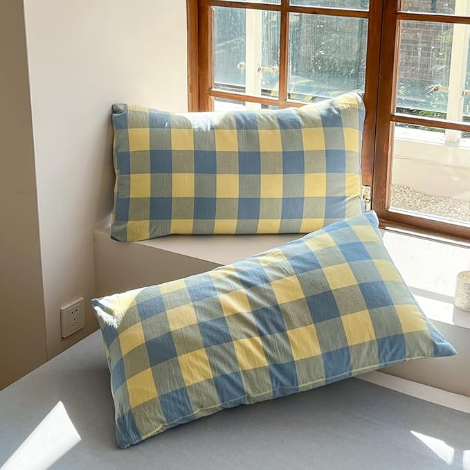 FACE TWO FACE Bedding Duvet Cover Set100% Washed Cotton Duvet Cover Linen Like Textured Breathable Durable Soft Comfy (Queen, Blue Yellow Grid)