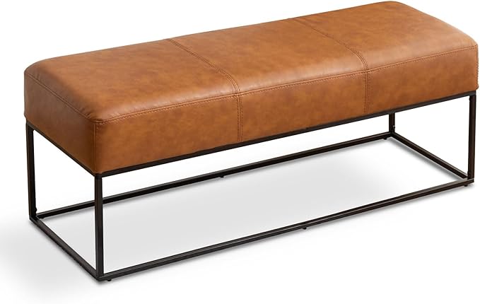 Entryway Bench for Bedroom End of Bed, Modern Ottoman with Faux Leather Upholstered Seating, Metal Frame Leather Bench for Bedroom Living Room Entryway [47'', Vintage Brown]