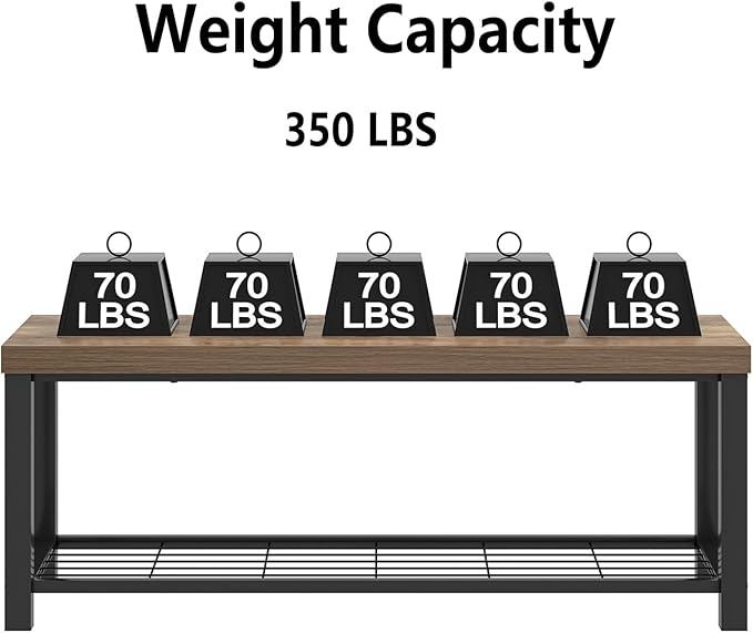 FOLUBAN Entryway Bench, Industrial Wood and Metal Storage Bench with Metal Shelf, Indoor Shoe Rack Bench Seat for Living Room, Bedroom, Hallway, Entrance, Rustic Oak, 47 Inch