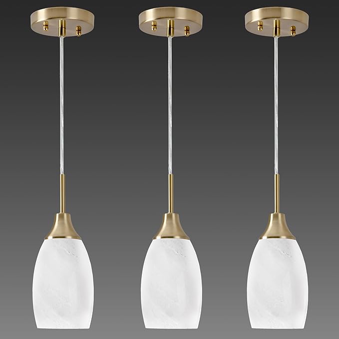 Mini Glass Pendant Light 3-Pack Handblown Art White Swirl Oval Glass Hanging Pendant Lamp 4.72" Glass Chandelier for Kitchen Island Dining Room Living Foyer Hallway Entry Brushed Gold Finish