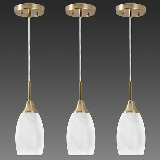Mini Glass Pendant Light 3-Pack Handblown Art White Swirl Oval Glass Hanging Pendant Lamp 4.72" Glass Chandelier for Kitchen Island Dining Room Living Foyer Hallway Entry Brushed Gold Finish