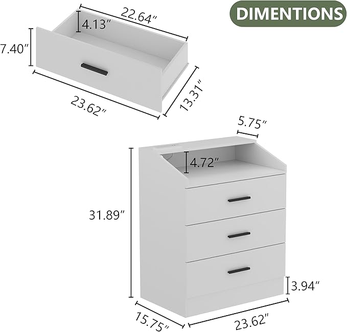 3 Drawers Dresser with Power Outlet, Chest of Drawers with LED Light, White Dresser Organizer with Open Storage Cubby, Modern Nightshatnd for Bedroom, Living Room, Entryway, Hallway