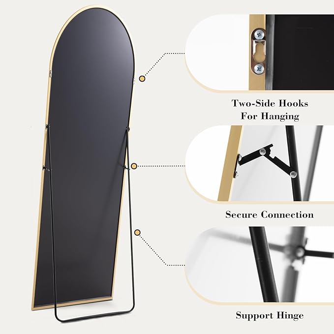OLIXIS Arched Full Length Mirror 64"x 21" for Bedroom, Full Body Mirror with Stand, Hanging or Leaning for Wall, Aluminum Alloy Thin Frame Floor Standing for Living Room, Long, Classical Gold